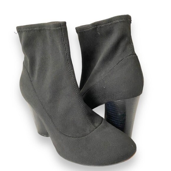 Gunmetal Black Sock Ankle Booties Slip On Round Toe Ribbed Fabric Boots Chunky - Picture 9 of 10